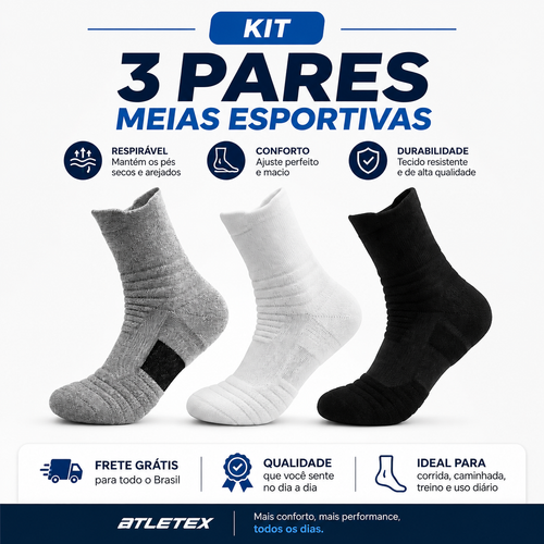 3 Pares de Meias Esportivas Premium