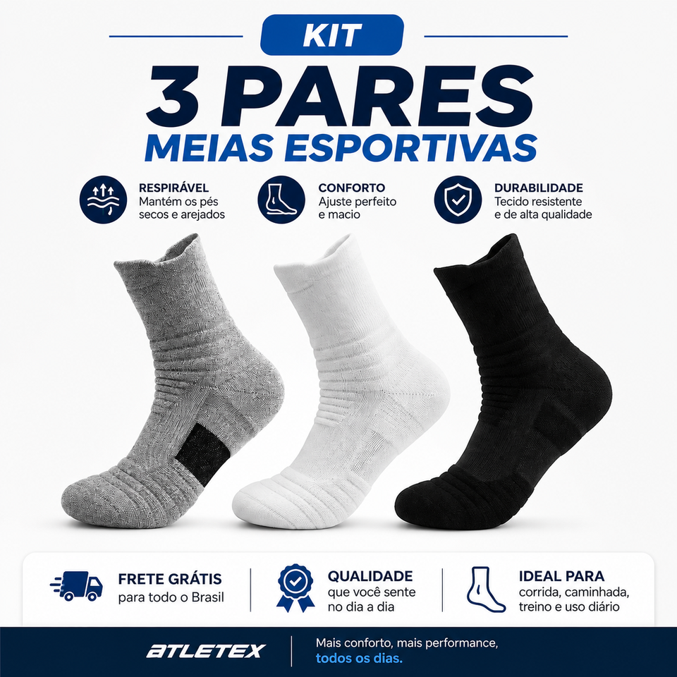 3 Pares de Meias Esportivas Premium